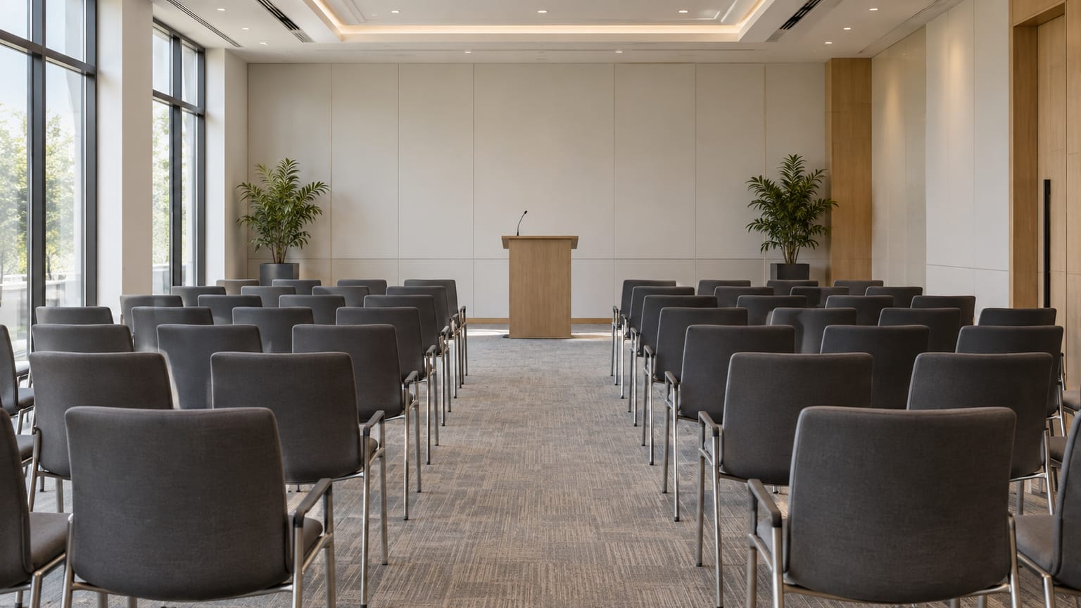 Seminar room with rows of chairs and a lectern, seen from the back