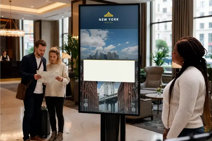 Hoteloví hosté před displejem digitálního concierge s uvítací obrazovkou a kategoriemi služeb