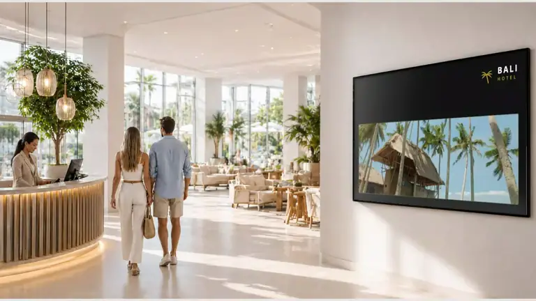 Hotelová lobby s nástěnnou obrazovkou ScreenWay – recepce, lounge a informace pro hosty